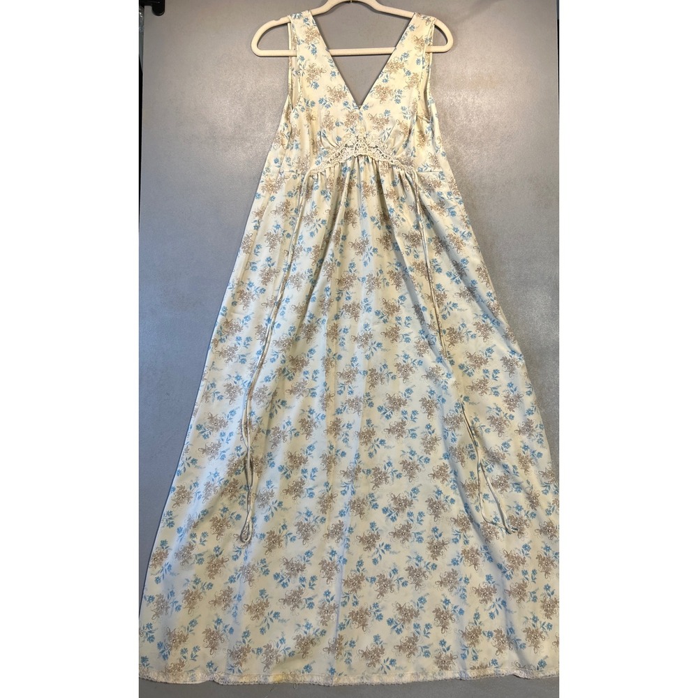 Vintage Christian Dior Floral Nightgown Blue Lace Trim Maxi Chemise Medium 70s